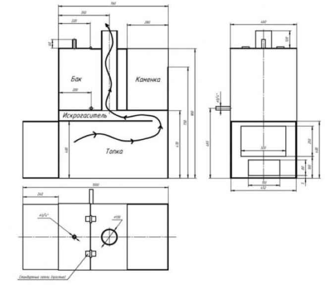 Чертеж печи для бани с баком для воды
