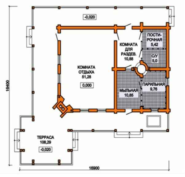 Проект угловой бани с террасой и барбекю