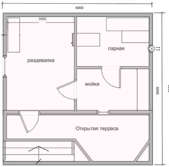 Проект угловой бани с террасой и барбекю