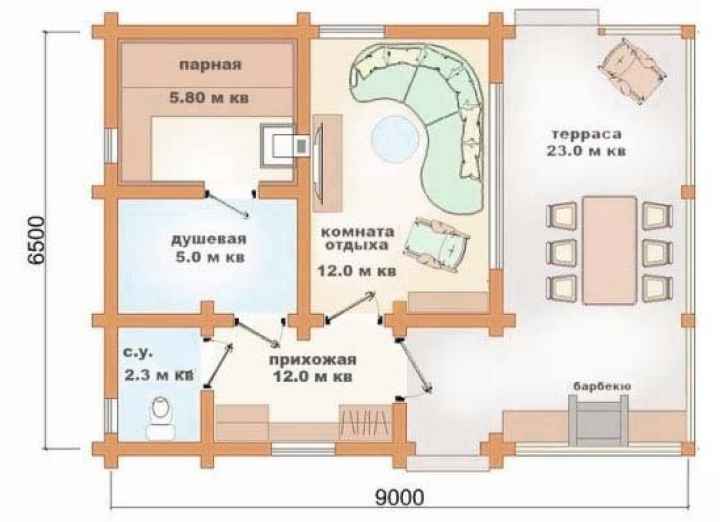 Проект угловой бани с террасой и барбекю