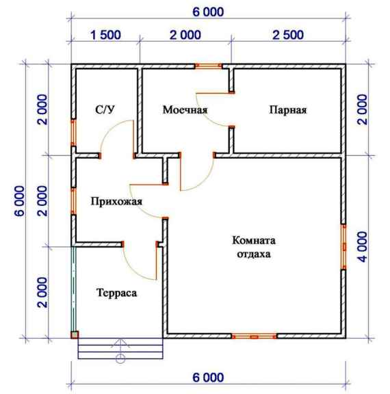 Проект бани размером 6 на 6 метров