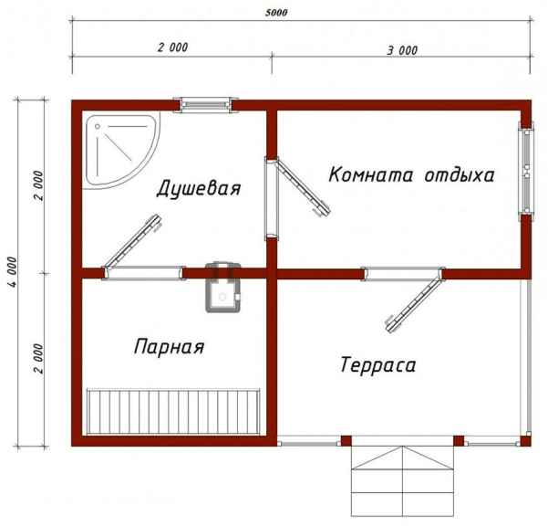 Проект небольшой бани размером 4х5 м с душевой 4 м²