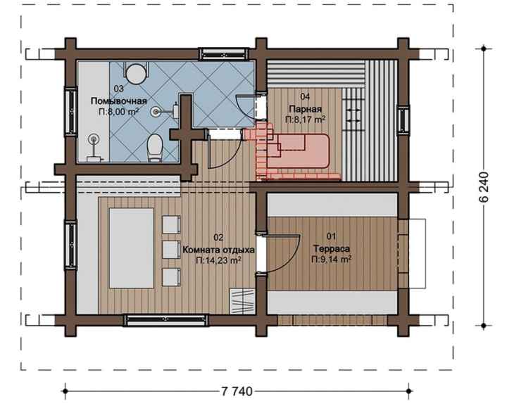 Проект бани размером 7,74 на 6,24 метра