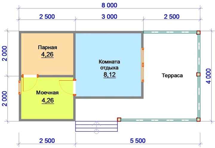 Проект бани 8 на 8 метров с комнатой отдыха, моечной и террасой