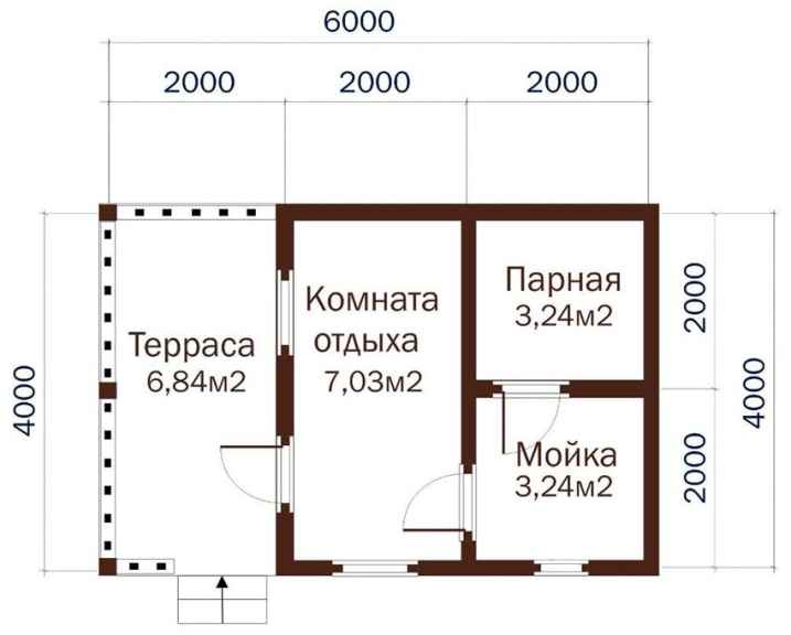 Проект бани размером 4х6 м с парной, комнатой отдыха, помывочной и террасой