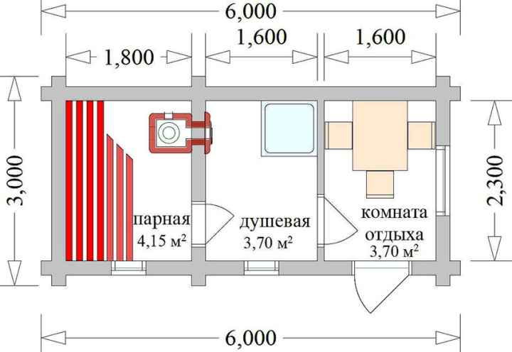 Проект бани 6х3 метра с душевой и комнатой для отдыха