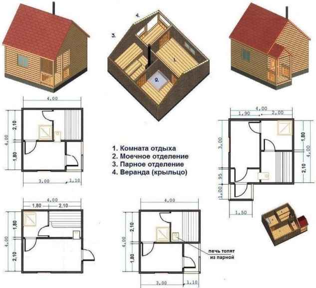 Проек каркасной бани с верандой