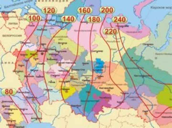 Карта нормативной глубины промерзания почвы в разных регионах России