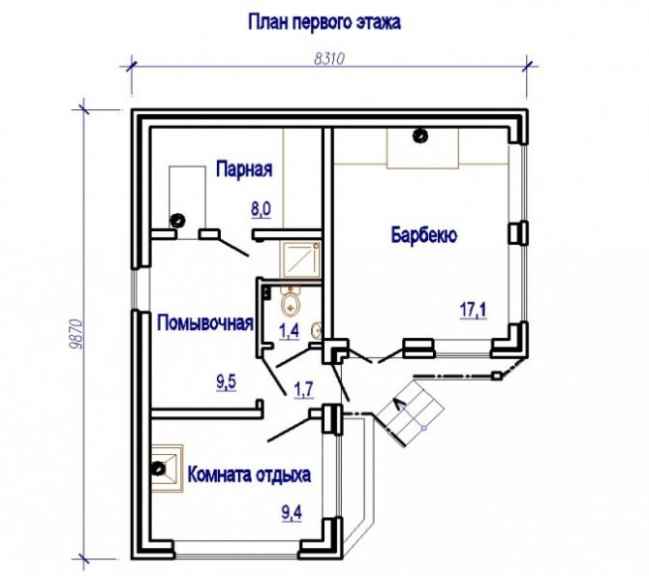 Проект бани с верандой и барбекю 8x10